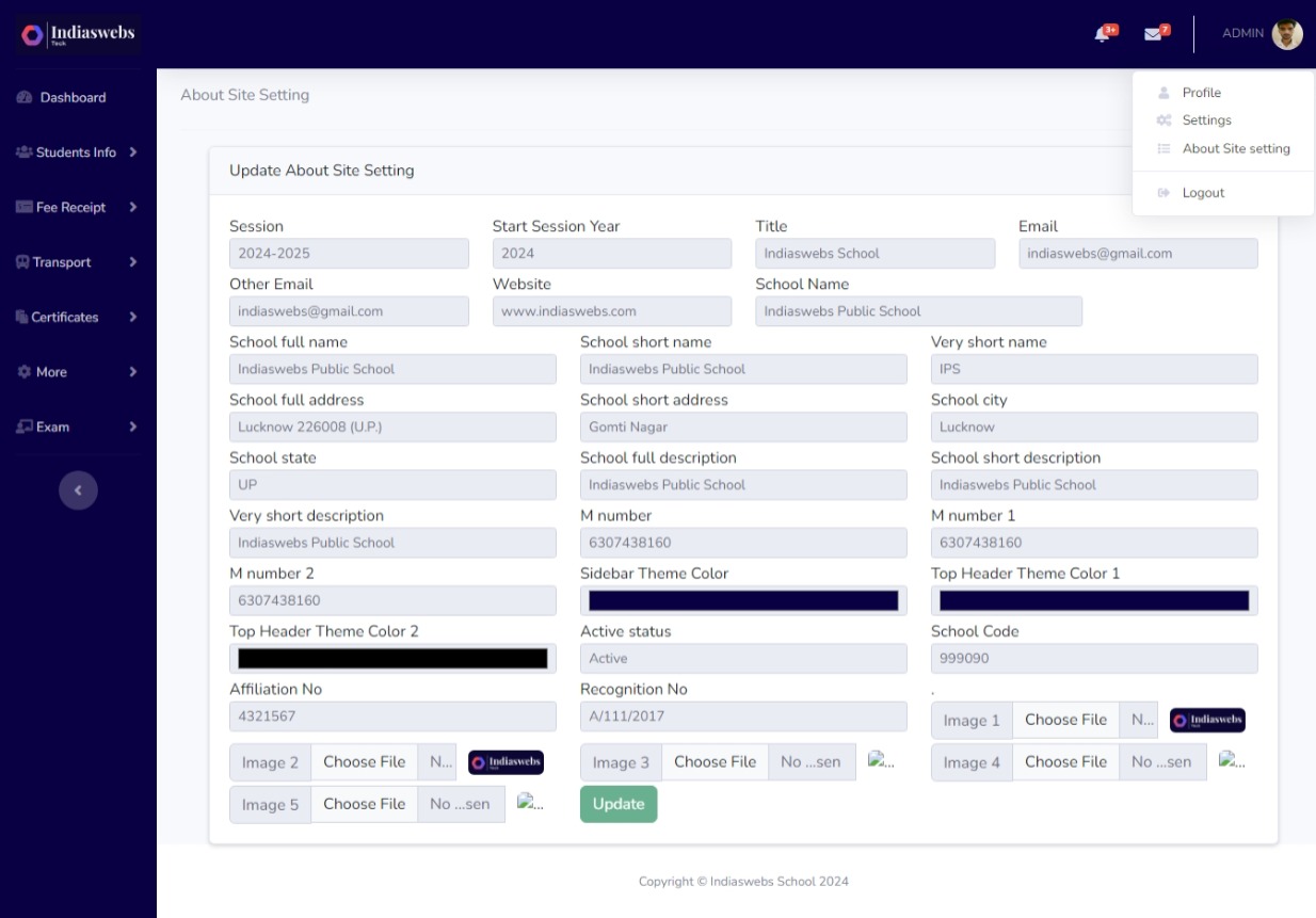 Site settings dashboard for managing school details and configurations.