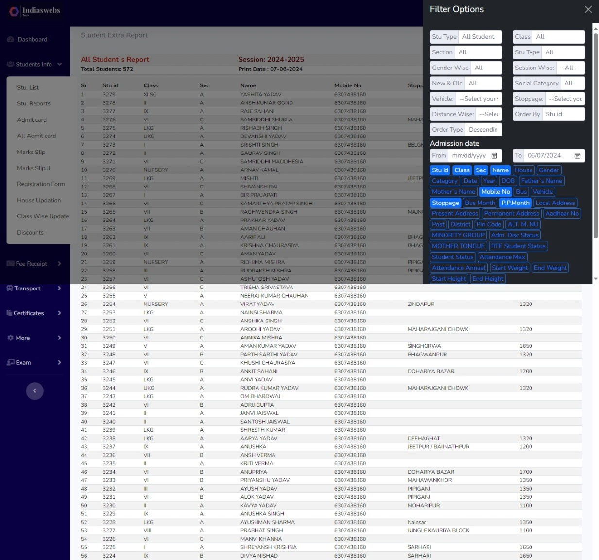 Screen showcasing student reports, admit cards, and marks slips management.